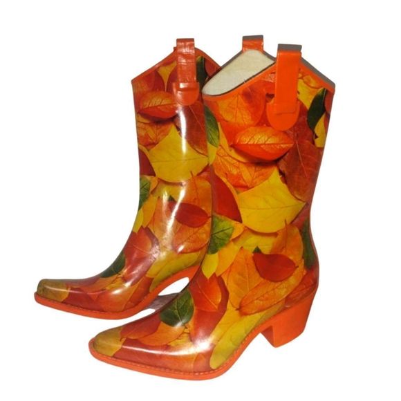 Cowboy Rain Boots Fall Leaves on an orange heel Cowboy Boots Rubber Rain Boots 6 - Picture 2 of 7